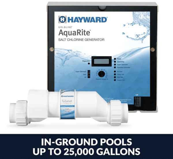 Hayward W3AQR9 AquaRite Salt Chlorination System for In-Ground Pools up to 25,000 Gallons in ground pools up to 2 million gallons.